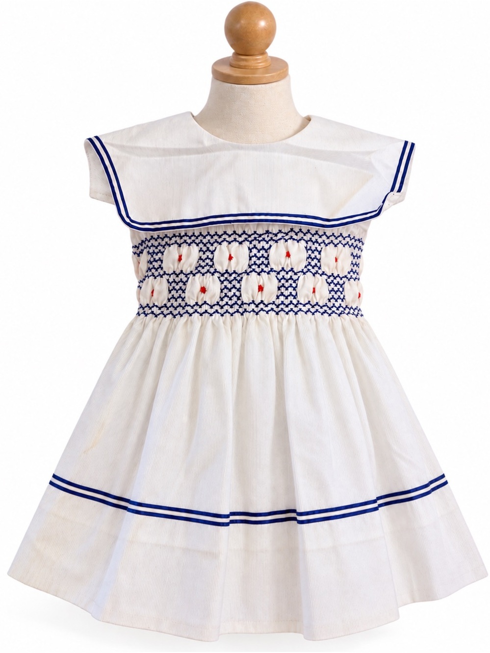 Polly Flinders Vintage 1970's Heirloom Sailor Dress Hand Smocked Blue & White 4T